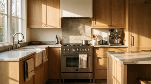 scopri una cucina completamente attrezzata dai toni chiari, perfetta per un ambiente luminoso e funzionale, che unisce stile ed efficienza.