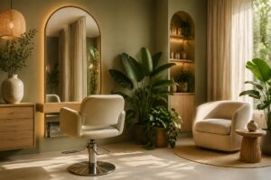 Salone di bellezza elegante con poltrona, specchio e piante
